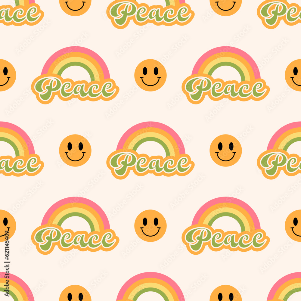 Retro Rainbow Smiley Peace Seamless Pattern