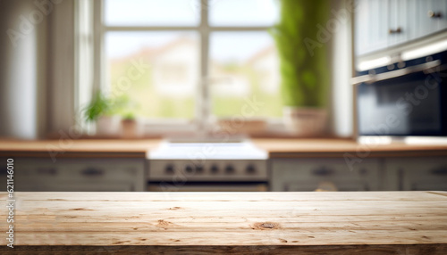 Bleached wooden table top on blurred kitchen summer window background
