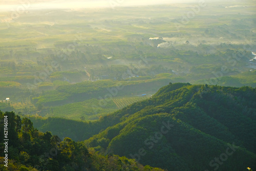 Aerial view morning sunrise mountain tropical rainforest