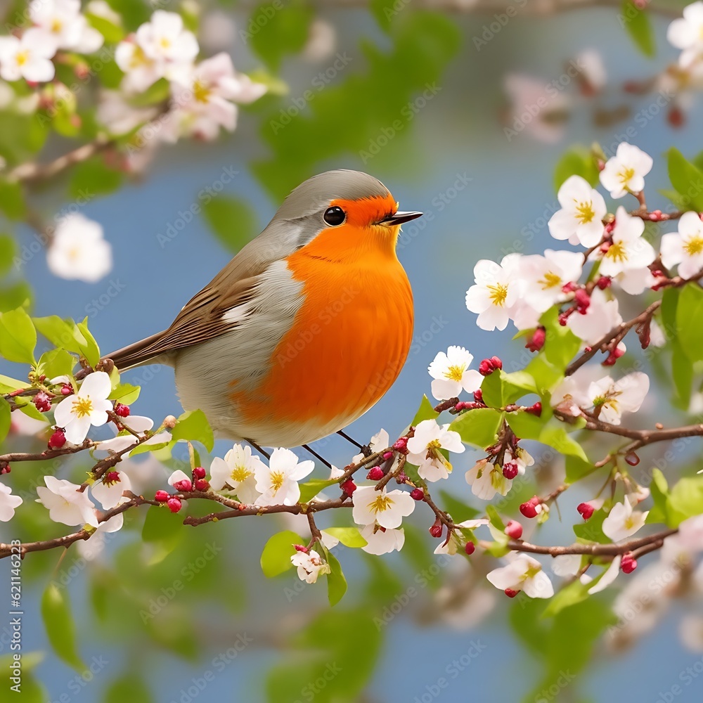 A Cute Robin perched atop a blooming hawthorn tree, surrounded by a flurry of petals A Cute Robin perched atop a blooming hawthorn tree, surrounded by a flurry of petals