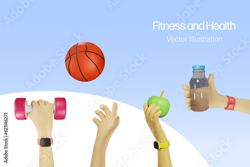Fitness and healthy, sporty lifestyle. Hands character holding dumbbell, fruit, water bottle and playing basketball. Healthy and appropriate nutrition. 3D vector.
