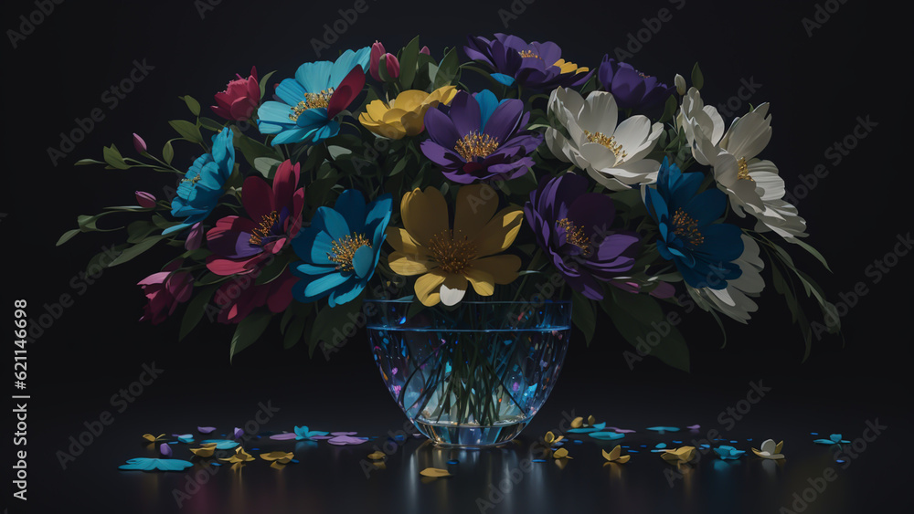 Colorful flowers forth from a glass vase their vibrant petals casting playful shadows against the dark backdrop.