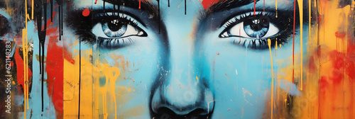 Large colorful face in graffiti on a long wall, banner, color, hip, modern, art, street