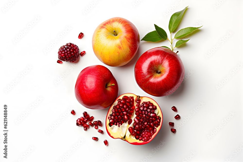 Pomegranates and red apples on white background with copy space, view from above, flat lay. Happy Jewish New Year Rosh Hashanah concept. Generated ai Pomegranates and red apples on white background with copy space, view from above, flat lay. Happy Jewish New Year Rosh Hashanah concept. Generated ai