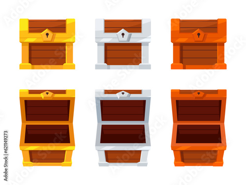 Open mystery wooden chest. Gold Silver Bronze Treasure on white background. Random a secret loot box concept. Vector illustration cartoon flat design.