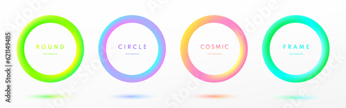Set of abstract 3D glowing neon light ring isolated on white background. Blue, red-purple, green illuminate light round frame collection. Cosmic vibrant color border. Top view futuristic elements.