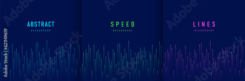 Set of abstract technology vertical speed dots lighting green, blue and pink on dark blue background. Futuristic glowing neon lights. Design for banner, cover, web, flyer, card, poster. Vector EPS10.