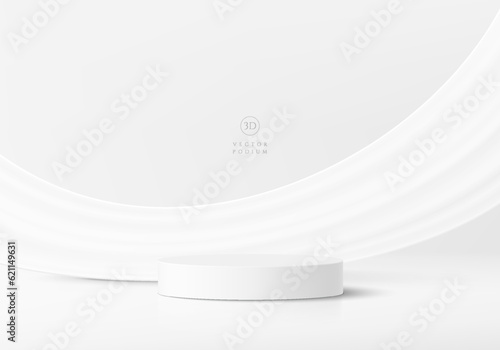 3D white gray cylinder pedestal podium background with floating soft curtain fabric wall scene. Minimal mockup product display, Stage showcase, Banner promotion. Abstract vector geometric platforms.