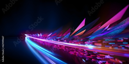 abstract neon arrow. Speed and technology concept. Glowing pink blue lines and bokeh lights, AI Generative photo