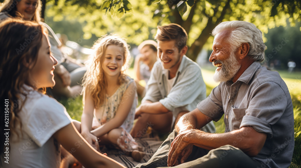 Happy multigenerational people having fun sitting on grass in a public park, Generative AI Happy multigenerational people having fun sitting on grass in a public park, Generative AI