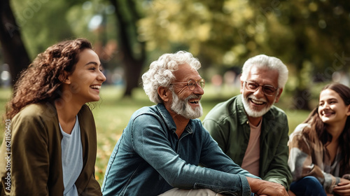 Happy multigenerational people having fun sitting on grass in a public park, Generative AI