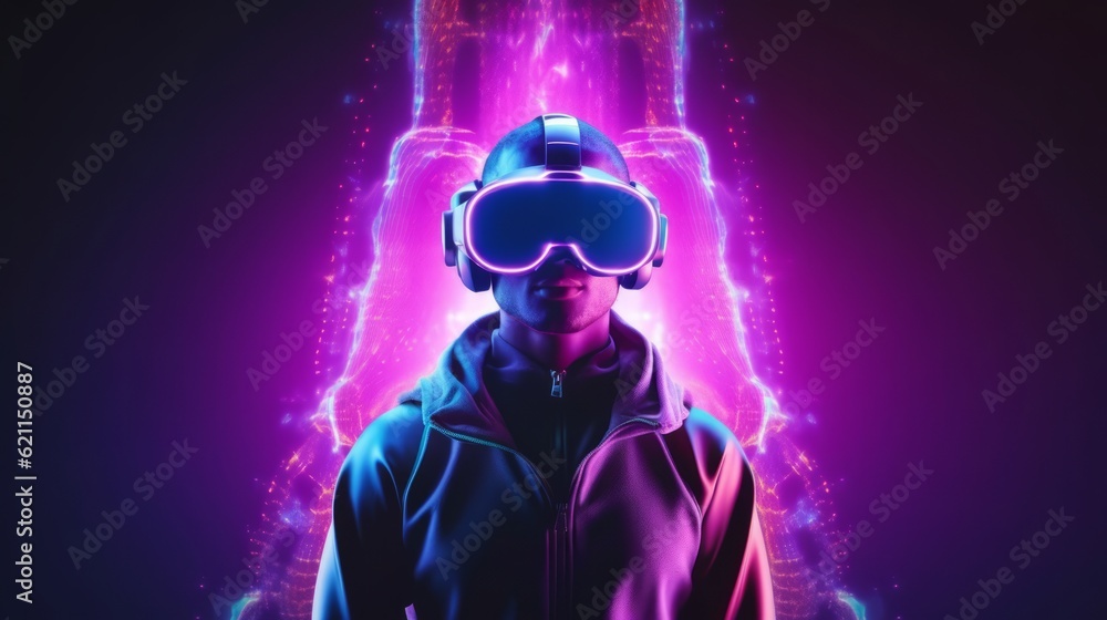 Virtual reality 3d augmented experience exited digital generate person wear vr glasses goggle headset hand gesture touch 3d object in virtual world fun cheerful and remarkable,generative ai Virtual reality 3d augmented experience exited digital generate person wear vr glasses goggle headset hand gesture touch 3d object in virtual world fun cheerful and remarkable,generative ai