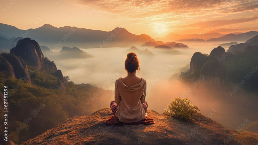 A woman is playing yoga in the morning sunrise.