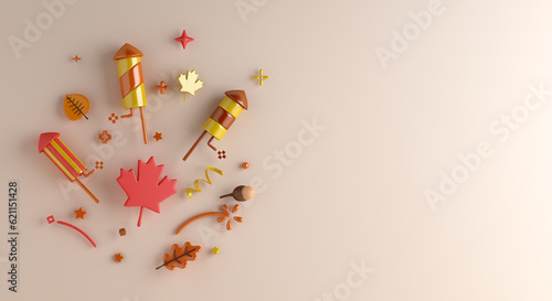 Autumn background with maple leaves, rocket, acorn, copy space text, 3D rendering illustration © sofirinaja