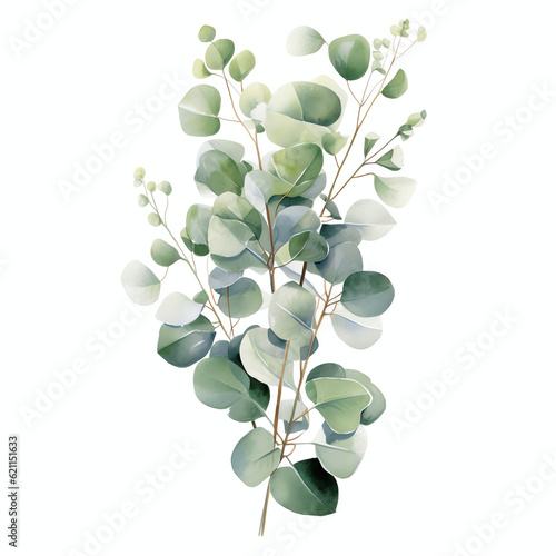 Watercolor Green Floral Banner with Silver Dollar Eucalyptus Leaves on White Background
