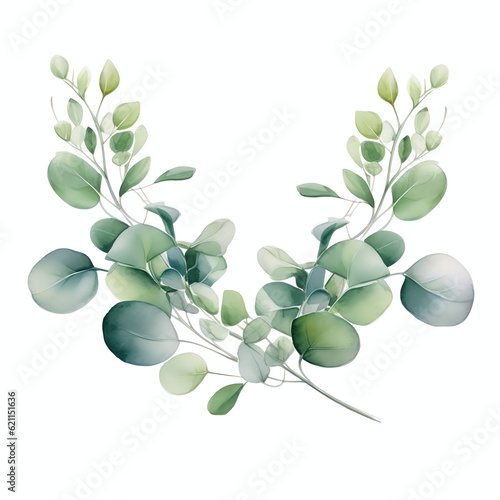 Watercolor Green Floral Banner with Silver Dollar Eucalyptus Leaves on White Background