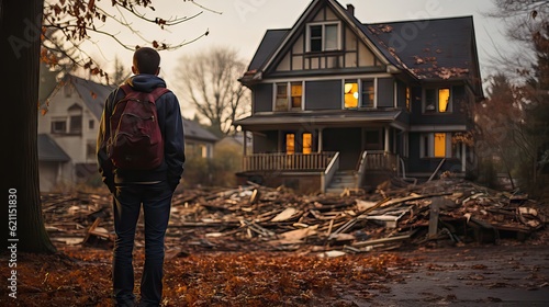 A person standing silently and reflectively in front of a city house. Generative AI