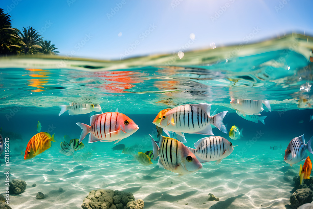 Fototapeta premium Colorful tropical fishes in the sea with beautiful beach on background, selective focus. Underwater blue ocean life, ecosystem concept. Generated ai