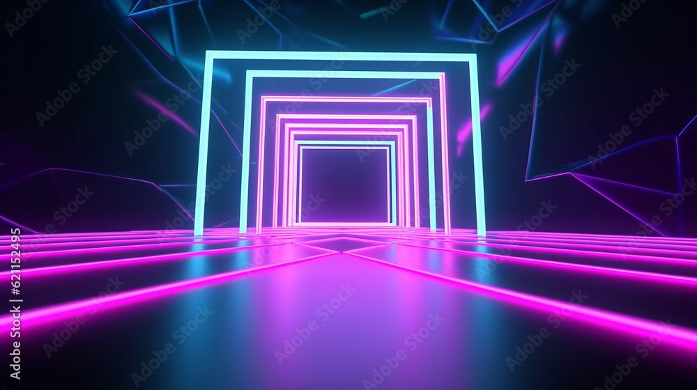 neon graphic abstract technology background,rectangle form shape neon colour light rays,generative ai