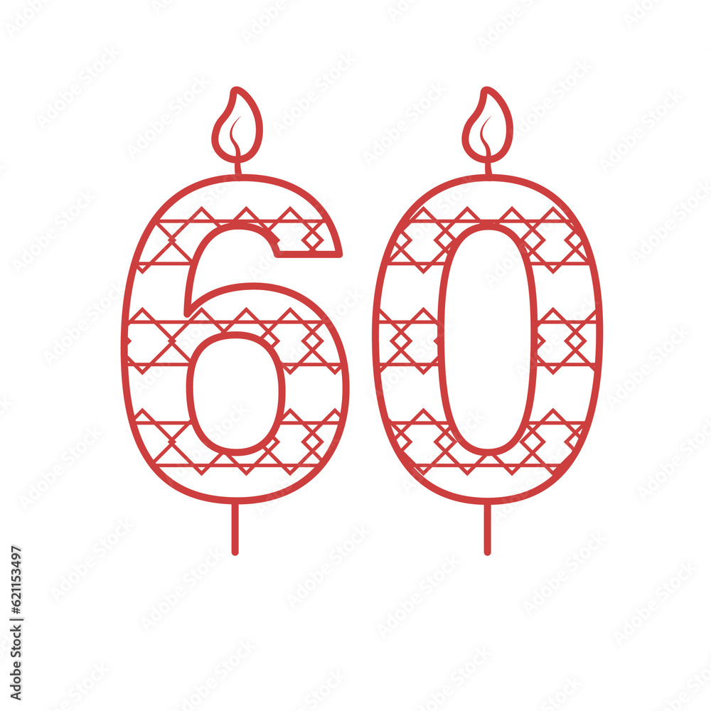 Fototapeta premium Digital png illustration of red 60 birthday candle with pattern on transparent background