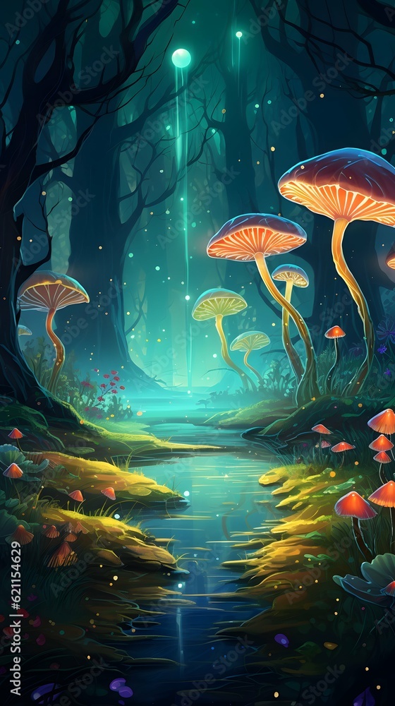 Whimsical illustration of a magical forest with glowing mushrooms and ethereal creatures, created in a digital art style, evoking a sense of fantasy and enchantment. Generative AI