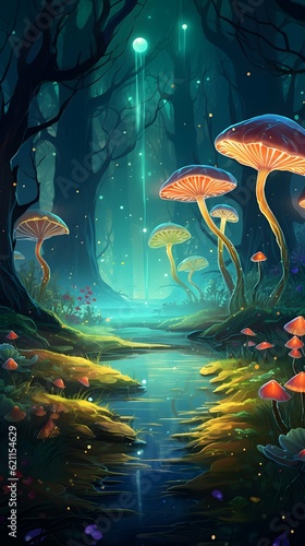 Whimsical illustration of a magical forest with glowing mushrooms and ethereal creatures, created in a digital art style, evoking a sense of fantasy and enchantment. Generative AI © Saad Imes