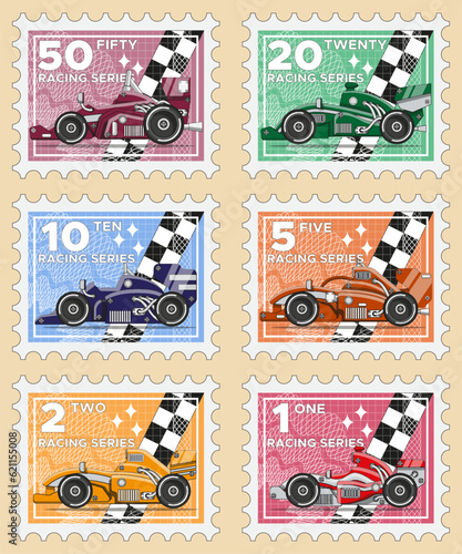 Set of postage stamps. Car racing. Collection. Isolated on a colored background. Vector illustration.