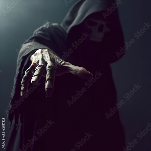 Grim reaper reaching towards the camera over dark background with copy space photo