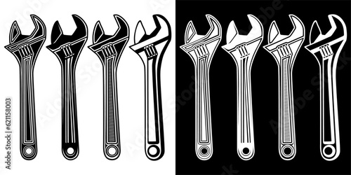 Set collections Adjustable wrench icon. Repair tools monochrome design vector Illustration