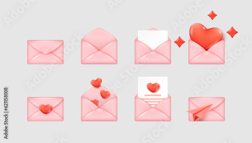 3d letter envelope set. Love render, romantic gift, new chat notification, open and closed email message with document, red heart and empty. Vector isolated cute pink elements