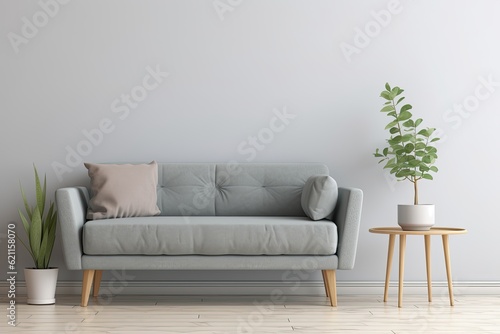 modern living room featuring a gray couch and a potted plant as a decorative element. Generative AI