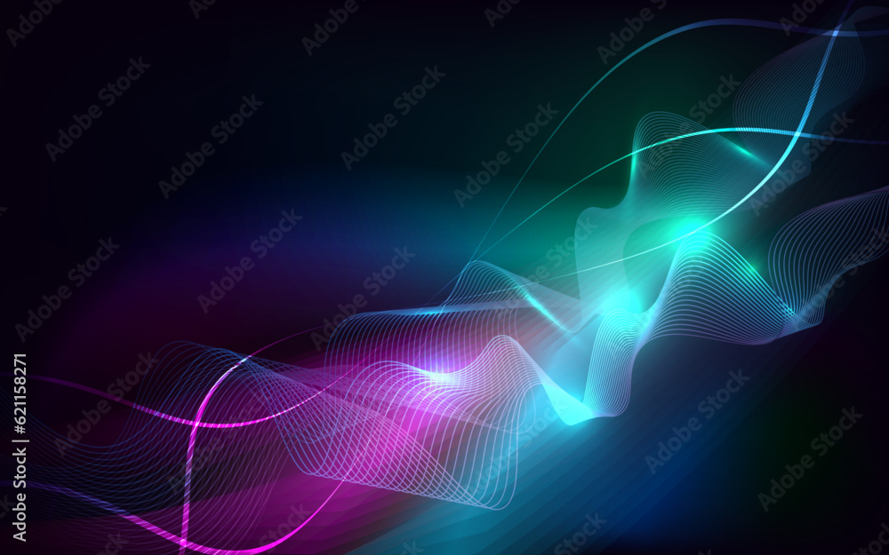 Abstract colorful glowing lines wave on dark background 