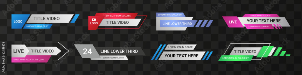 Video templates. Headline strip banners. Soccer name title. Football news shapes. League logo. TV broadcast header. Tournament lower third bar. Vector design display bottom boards set
