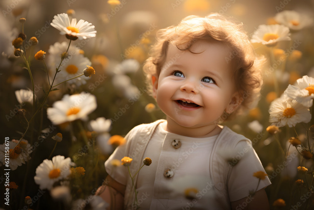 portrait of a baby in a meadow of flowers portrait of a baby in a meadow of flowers