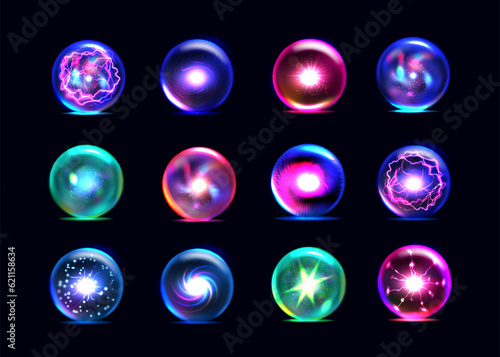 Magic spheres. Crystal prediction ball, colorful orb, fantasy energy effect, circle glass globe, spiritual glow, shine effect. Realistic icons, bright plasma flame, Vector isolated objects