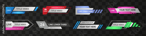 Video templates. Headline strip banners. Soccer name title. Football news shapes. League logo. TV broadcast header. Tournament lower third bar. Vector design display bottom boards set