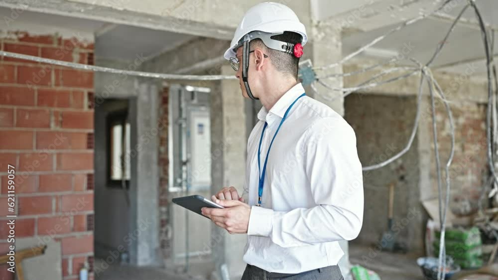 Young hispanic man architect standing with relaxed expression using touchpad at construction site Young hispanic man architect standing with relaxed expression using touchpad at construction site