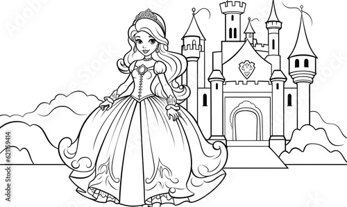Print out the line art of the cartoon princess and castle and start coloring.