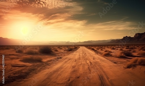 Majestic sunset illuminates the desert landscape with an endless road ahead. Creating using generative AI tools