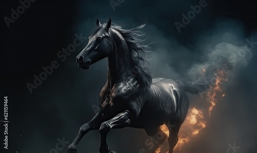 The intense flames envelop a majestic horse against a dark background. Creating using generative AI tools © uhdenis