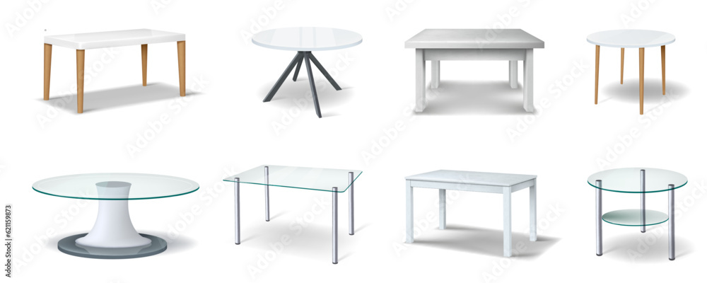 Realistic tables. Wooden and glass tabletops. Round or square wood desk. Coffee circle top side in perspective. Plastic office furniture design. Vector furnishing 3D modern elements set Realistic tables. Wooden and glass tabletops. Round or square wood desk. Coffee circle top side in perspective. Plastic office furniture design. Vector furnishing 3D modern elements set