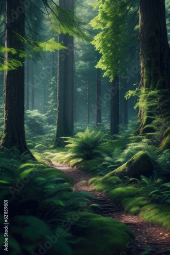 Rich forest background created with  fullness of green plants  fresh air. AI.Generative AI