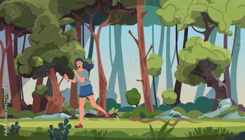 Scared people. Panicked woman afraid of reptile. Female escaping from snake. Forest animal. Frightened girl running away from venomous serpent. Terrified person. Vector illustration photo