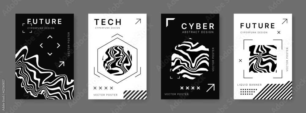 Techno posters. Cyberpunk liquid art, futuristic black and white shapes, abstract wiggly flyers. Wall art and vertical banner template. Monochrome silhouettes, minimal design, vector background