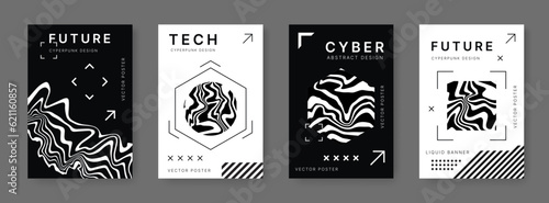 Techno posters. Cyberpunk liquid art, futuristic black and white shapes, abstract wiggly flyers. Wall art and vertical banner template. Monochrome silhouettes, minimal design, vector background