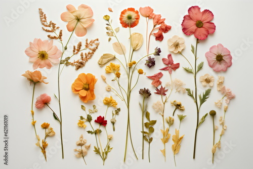 collage of colorful pressed dried flowers, made with generative ai 