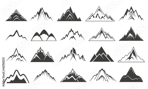 Mountain logo. Minimal icons. Logotype silhouettes, top snow landscape, range and shape ice symbols of winter. Extreme hike and summit climbing. Outline rock, cliff and peak. Vector design