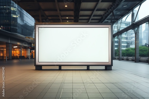 a large white billboard in a train station