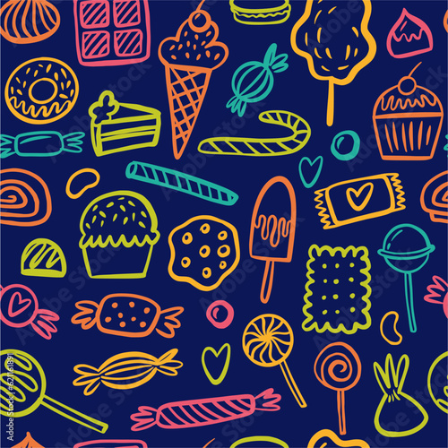 Vector pattern from a collection of candies and various sweets, hand-drawn in the style of doodles © Abundzu
