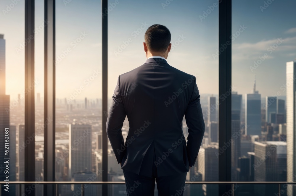 Fototapeta premium Businessman standing against room with large window looking on city.generative AI